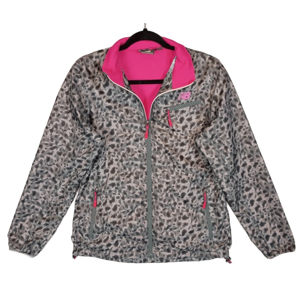 New Balance Womens M Cheetah Print Full Zip Windbreaker Jacket Pink Lined Active
